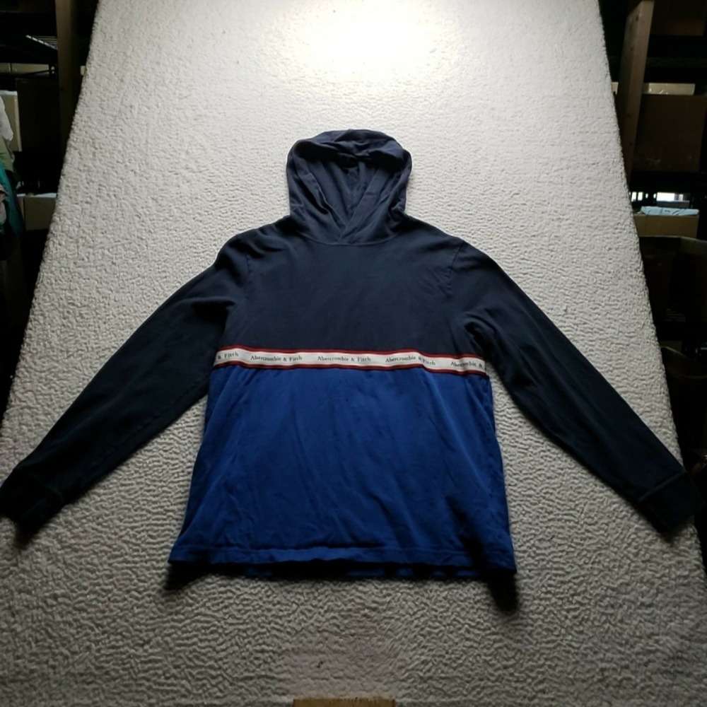 Abercrombie & Fitch Hoodie Mens XL Blue Colorblock Logo Tape Lightweight Jersey